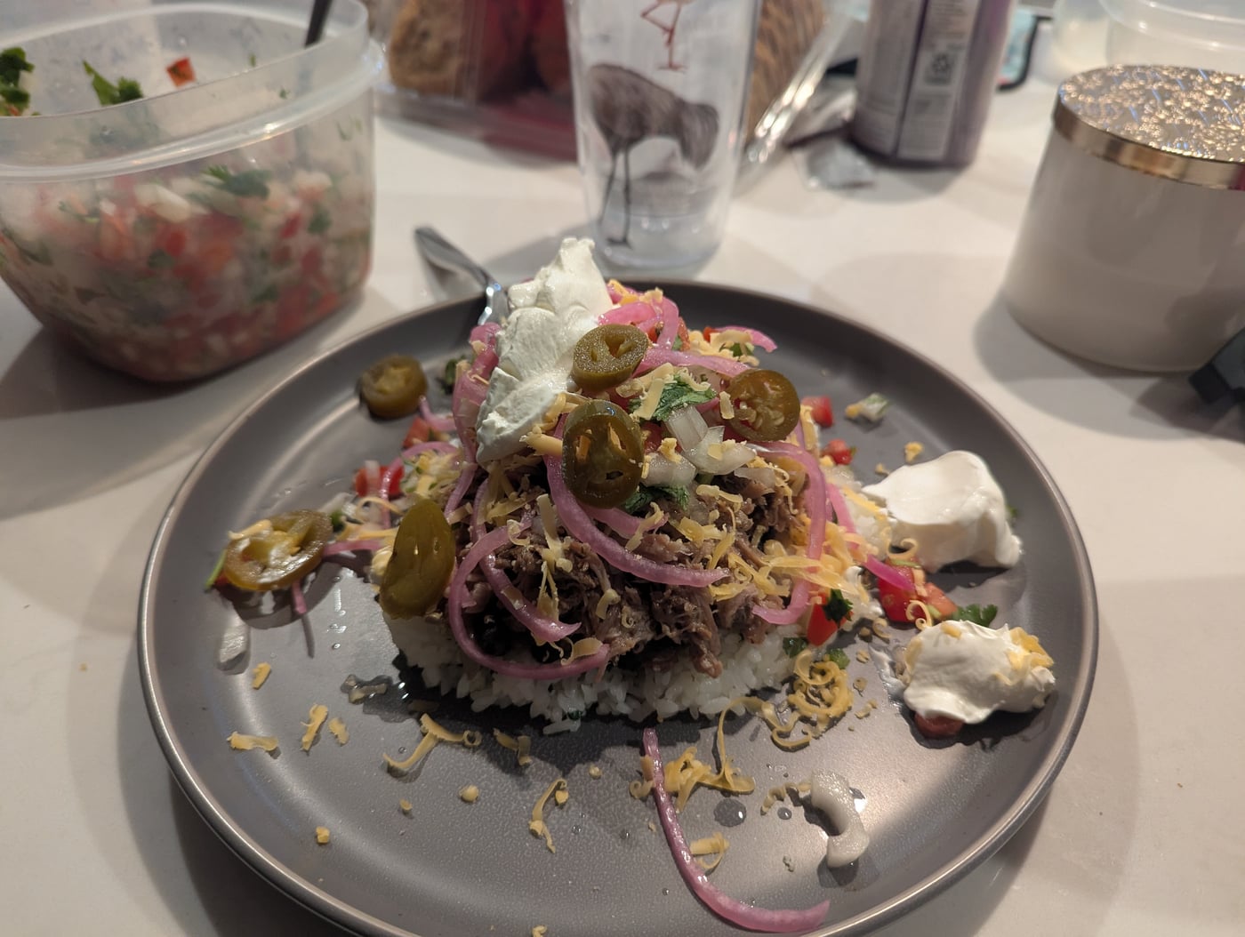 Mojo pork bowl with pico and jalapeño