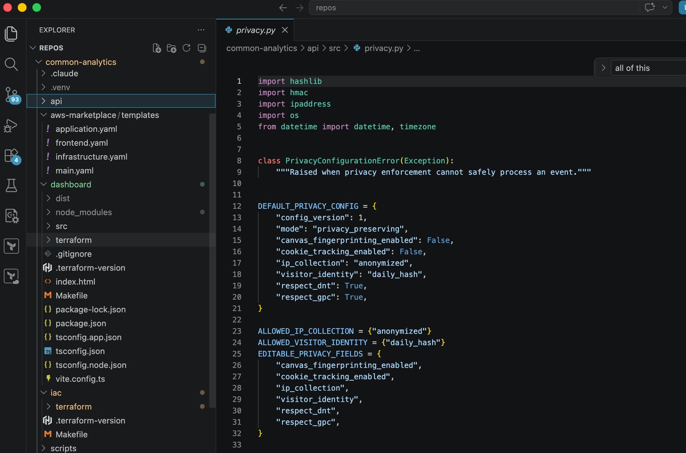 Common Analytics Codebase showing privacy configuration